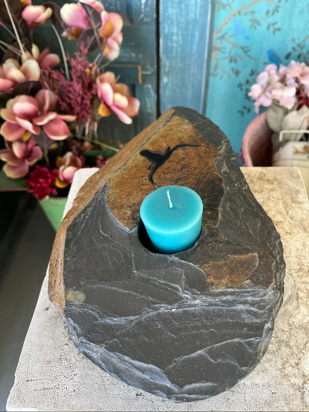 Rustic natural slate stone tealight candle holder